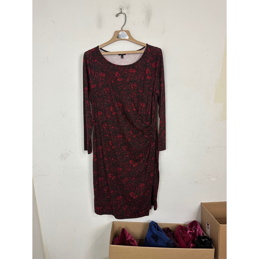 Talbots Woman Petites Red Black Rose Floral Ruched Sheath Dress 1XP PH2807